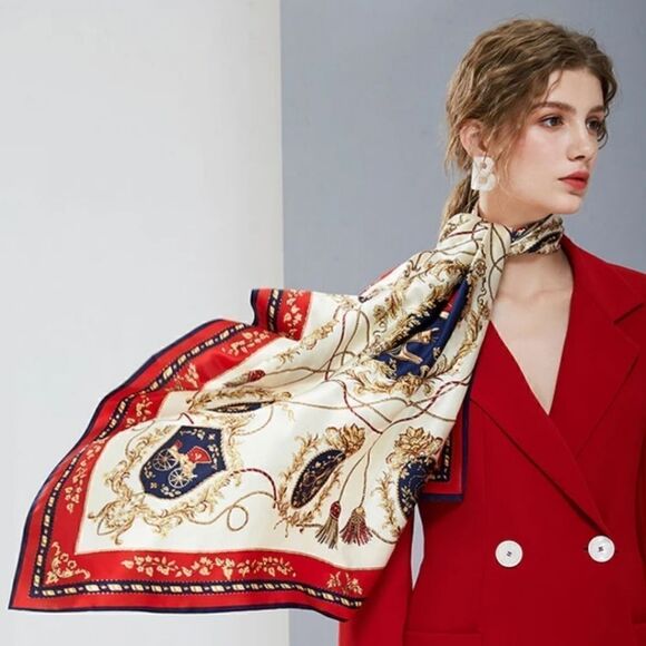 Women's Fashion Red or Blue Print Square Scarf Soft Satin Silky Shawl Scarves - Picture 9 of 10